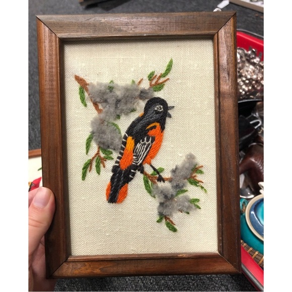 Vintage Other - Vintage Needlepoint Embroidered Bird Wall Art - Orange and Black